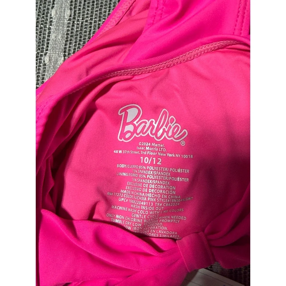 Barbie Girls One Piece Swimsuit Fuchsia Pink Silver Logo Bow Back Size 10/12‎